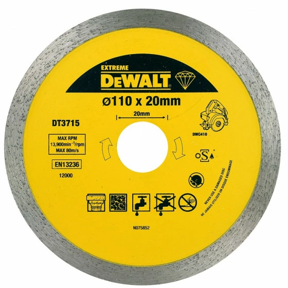 Disque Pour Scie à Carrelage Portative DWC410 à Sec Ou à L'eau 110x20mm DEWALT - DT3715-QZ 1 Disque Pour Scie à Carrelage Portative DWC410 à Sec Ou à L'eau 110x20mm DEWALT - DT3715-QZ